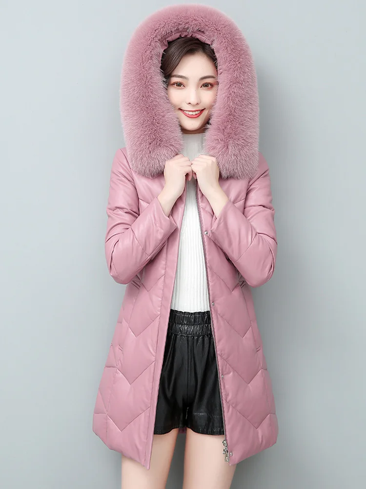 New Women Leather Down Coat Elegant Fashion Hooded Real Fox Fur Collar Medium Long Slim Sheepskin White Duck Down Outerwear