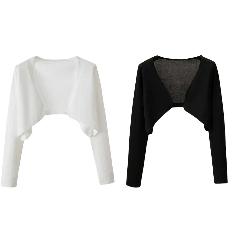 

Women Elegant Cropped Long Sleeve Crop Top Mini Knitwear Lightweight Cardigans Shrugs Open Front Sweater Draped Cardigan