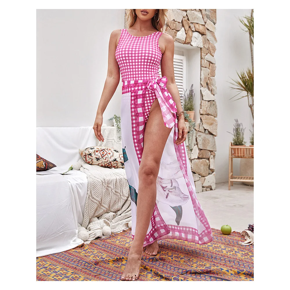 

Chicme Ins взрывобезопасный летний сексуальный женский клетчатый слитный купальник с открытой спиной и разрезом с цветочным принтом накидка