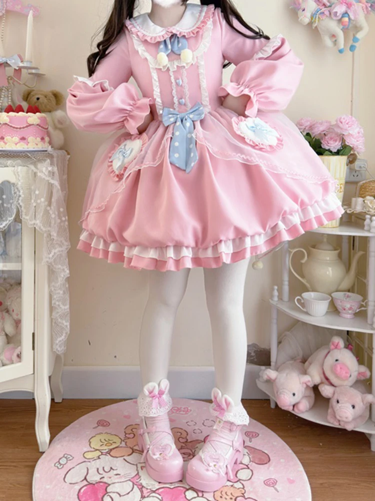Платье KIMOKOKM Kawaii Lolita с оборками длинным рукавом милое Питер Пэн воротник косплей