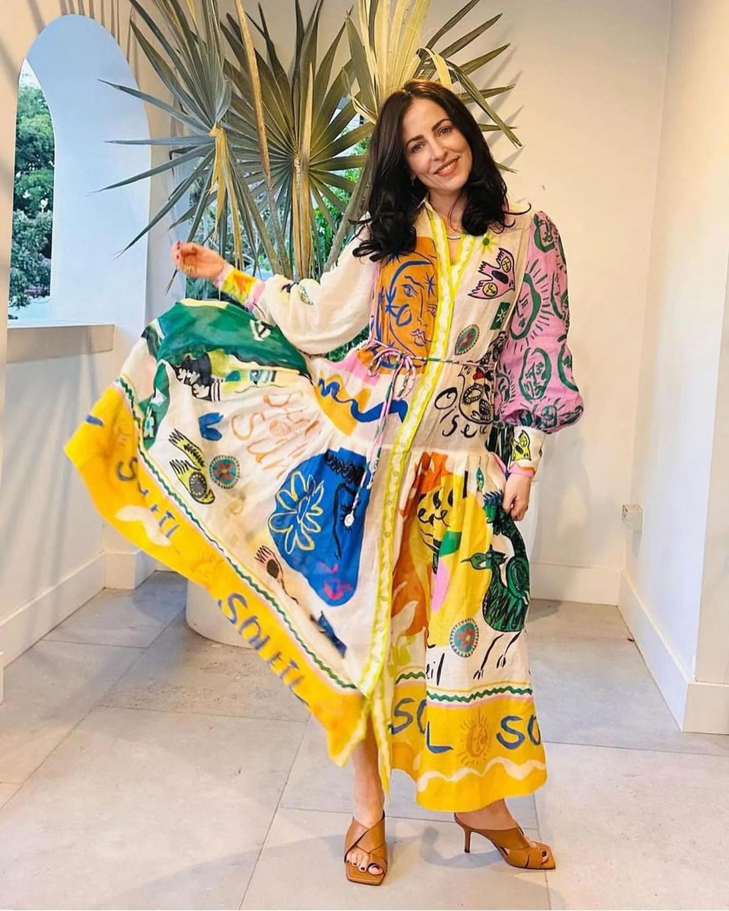 

Alemai* Summer/Spring Women Dress Ramie Turndown Collar Full Puff Sleeve Floral Printing Casual Vintage Loose Waist Saches