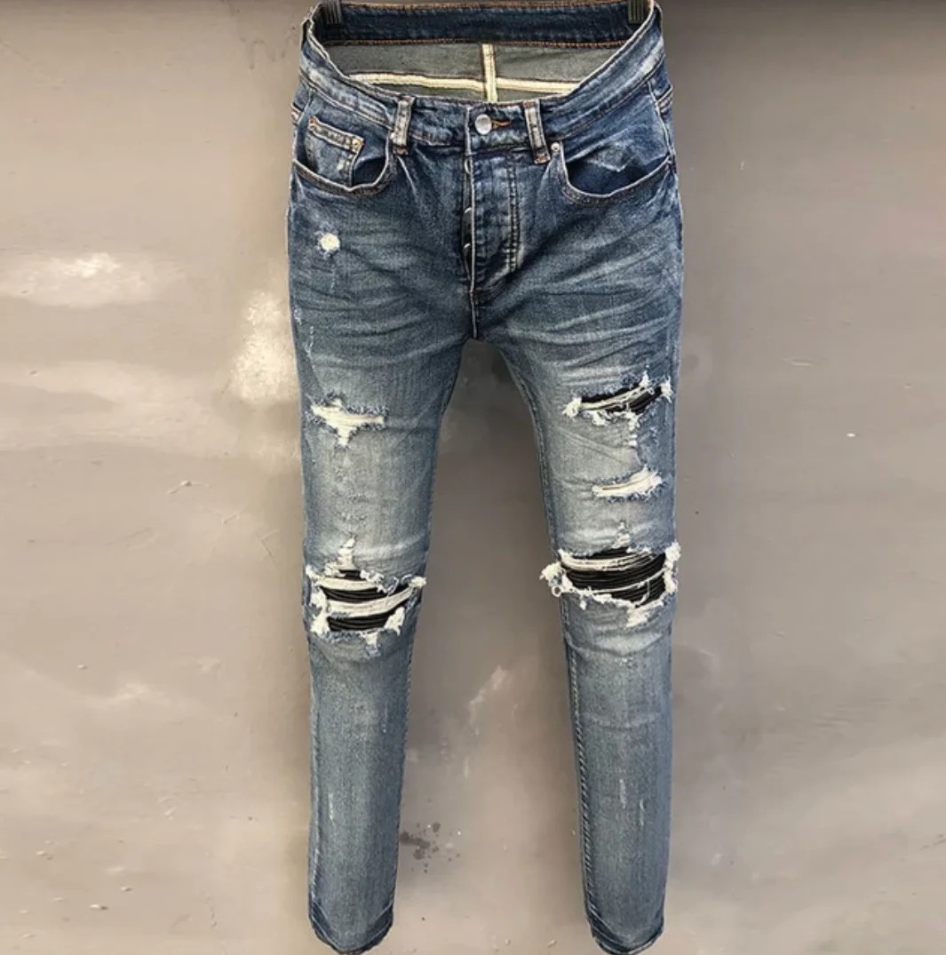 

Джинсы мужские рваные плиссированные с прострочкой, стрейчевые, стиль хип-хоп, 2022