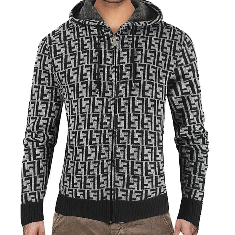 Men's Winter Striped Sweatercoat Thick Fleece Warm Jacket Zipper Wool Hooded Cardigan Jumpers Male Long Sleeve Knitted Jacket