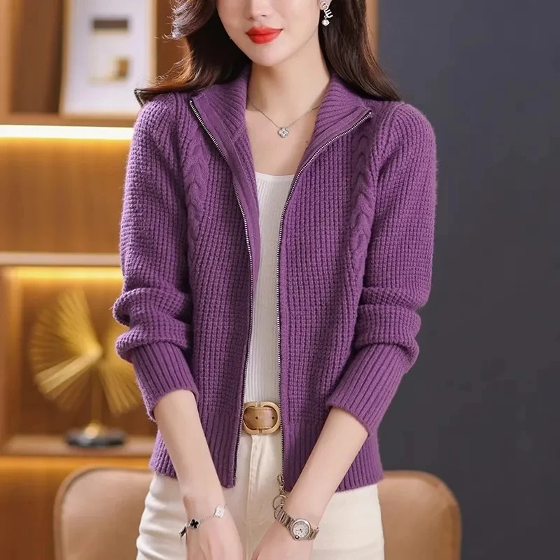 Женский вязаный кардиган на двойной молнии свободный свитер-пальто в Корейском