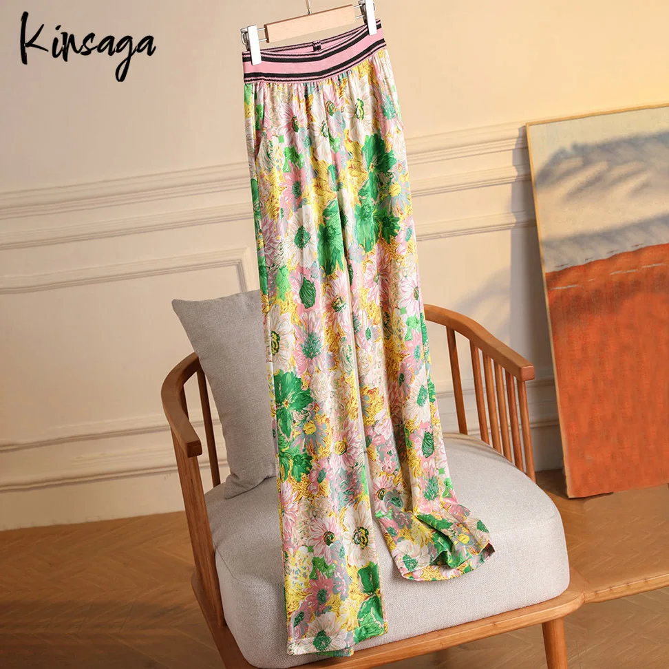 

Women Silky Acetate Satin Floral Print Wide Leg Draped Pants 4XL Summer High Waisted Casual Loose Straight Leg Bottoms Trousers