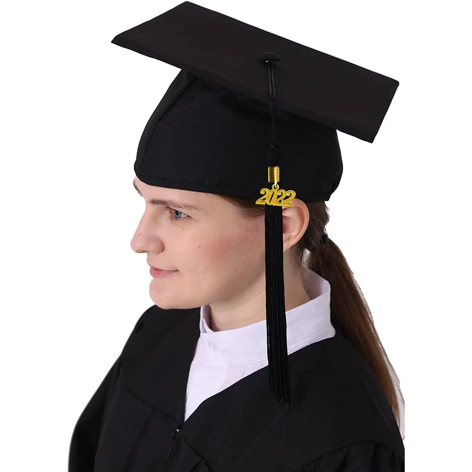 

2022 Graduation Cap with Tassel Black Mortar Board High School University Matte Elastic Hat Boy Girl Kindergarten Graduation Cap