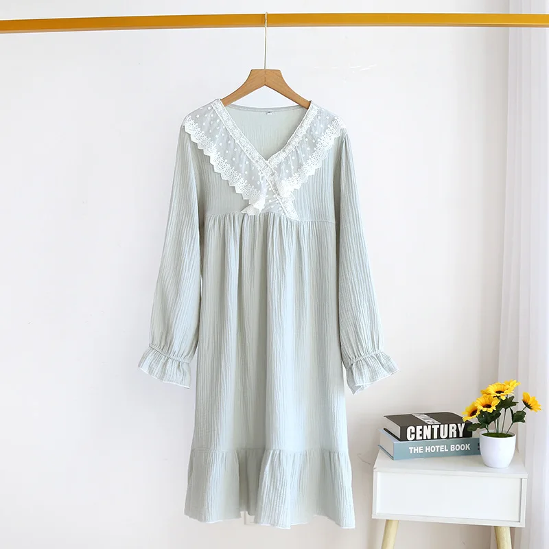 Princess Nightdress Cotton Spring Autumn Double Gauze V-Neck Lace Long Sleeve Washed Crepe outdoor over The Knee Home nightgown