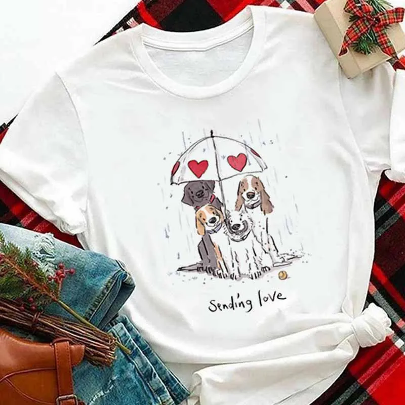 

Модная футболка с милым рисунком Женская рождественская модная повседневная одежда женская футболка с коротким рукавом с милой собакой летняя футболка с принтом