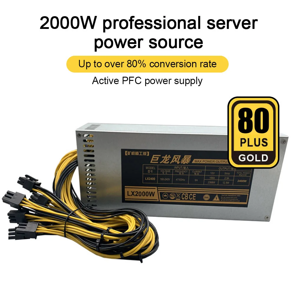

2000W ETH Mining Machine Power Supply 180-240V Input 10 X 6pin 80% Efficiency Support Multi-GPU For Bitcoin Mining Device