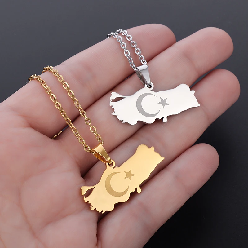 

Stainless Steel Necklace Turkey Map Flag Pendant Necklace Ladies Men Loyal Patriots Daily Wear Fashion High Luxury Jewelry