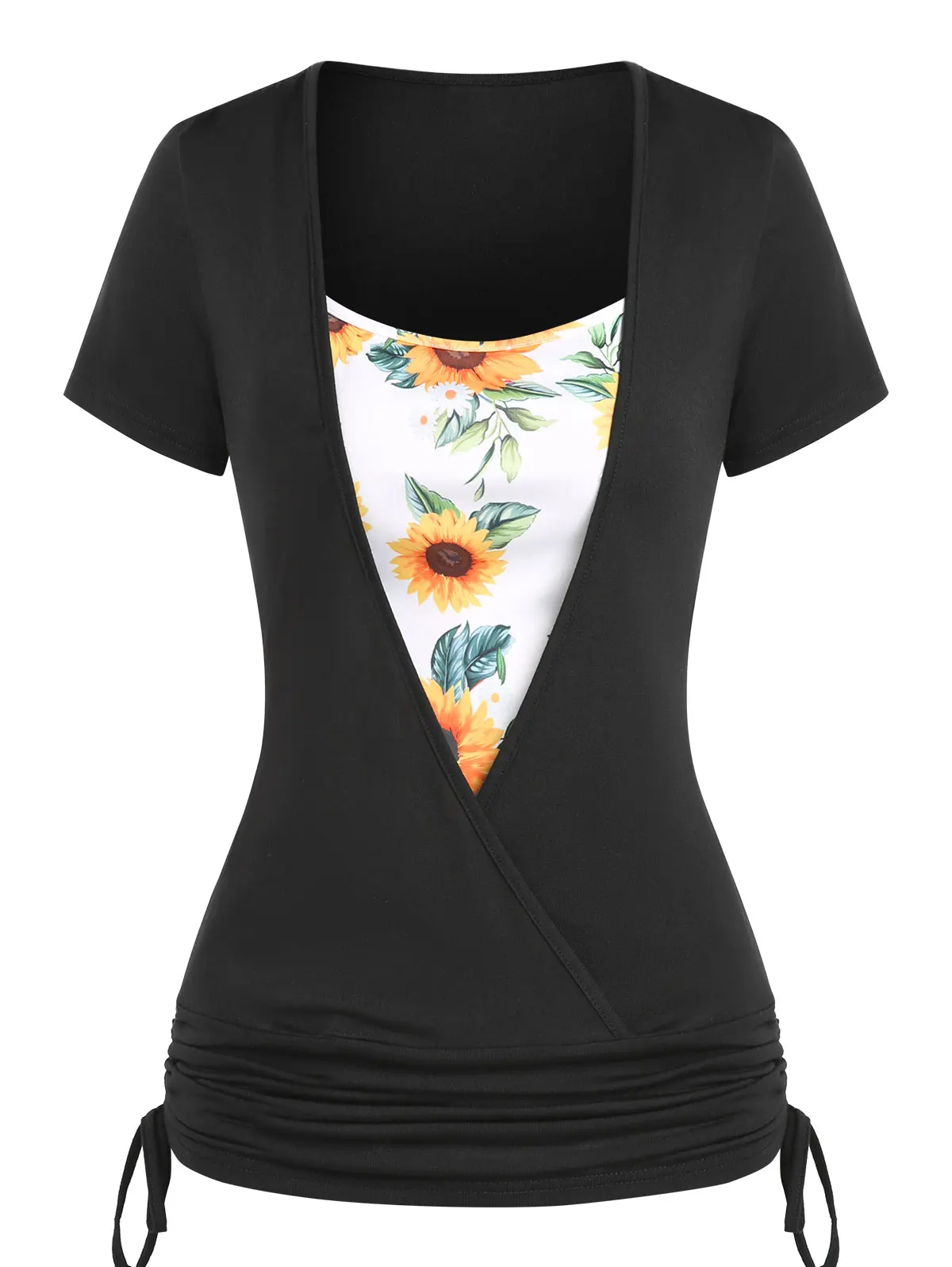 Short Sleeve Tie Flower Print T-Shirt New Fashion Casual Tee Women T Shirt Twofer Top 2 In 1 Surplice Cinched T-Shirts