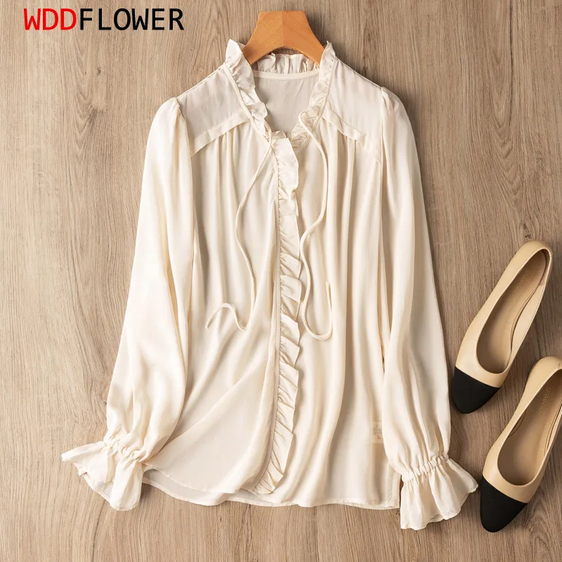 

Women 100% Mulberry Silk Crepe Silk Solid Color Beige Ruffles V Neck Elastic Cuffs Long Sleeve Shirt Top Blouse Pullover MM601