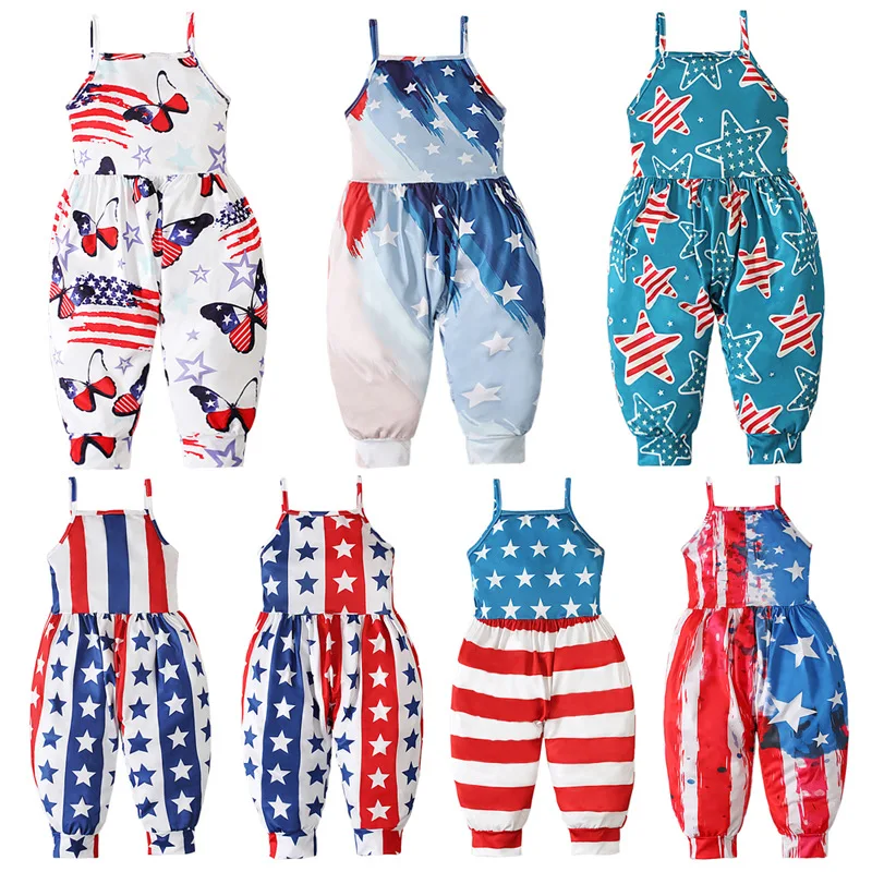 

1-6 Years Kids Girls Jumpsuits Playsuits One-pieces Bodysuits Star Printed Independence Day Costume Vintage Casual Haren Pants