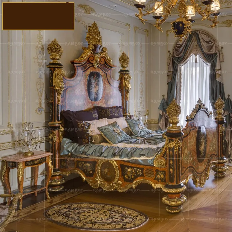 

Фабричная двойная кровать в европейском стиле из твердой древесины, резная вилла, Главная спальня, роскошная королевская благородная свадьба