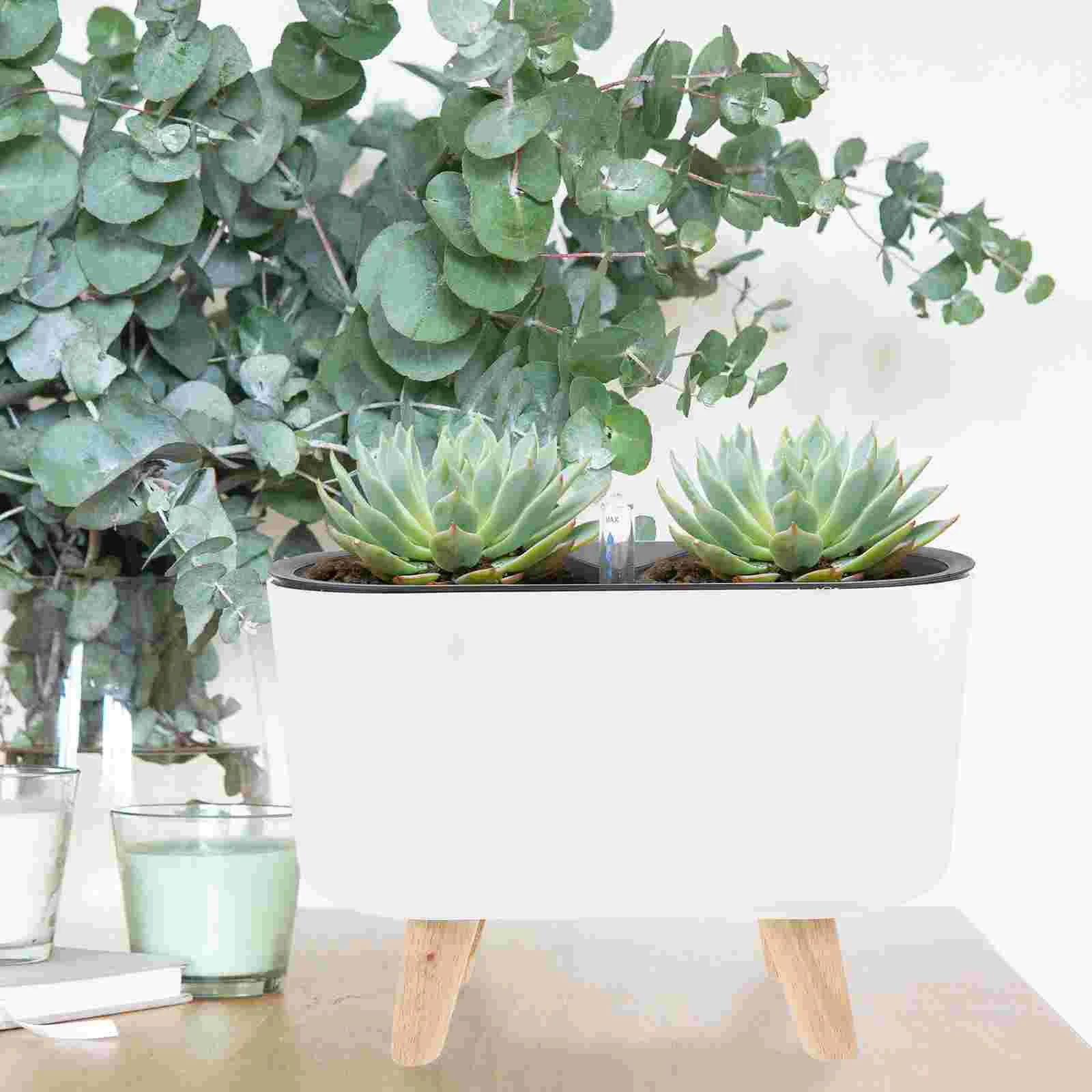 

Automatic Watering Flowerpot Self Watering Pot For Indoor Plants Wooden Base Flower Pot With Water Level Gauge