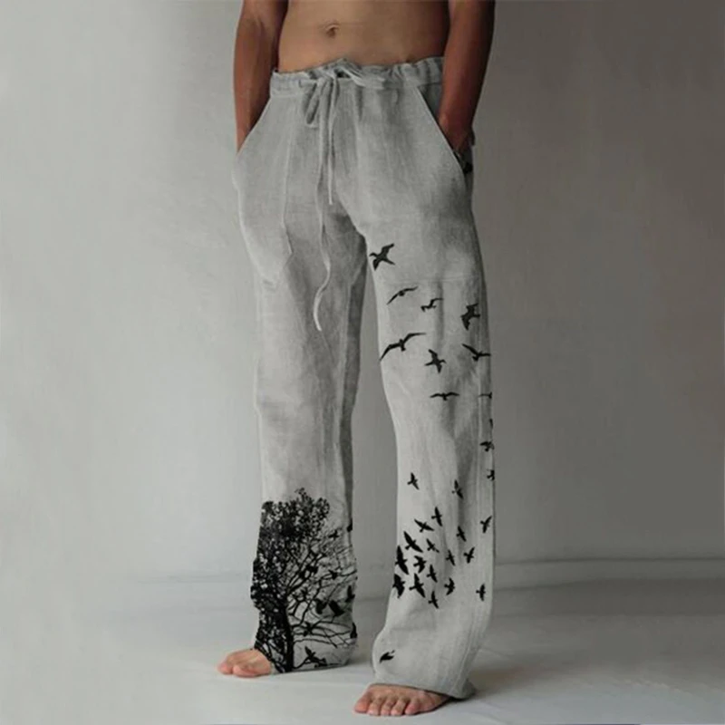 

New Men Casual Trousers Tree Print Full Length Pants Pocket Drawstring Trousers Comfortable Loose Daily Simple Fashion Pants