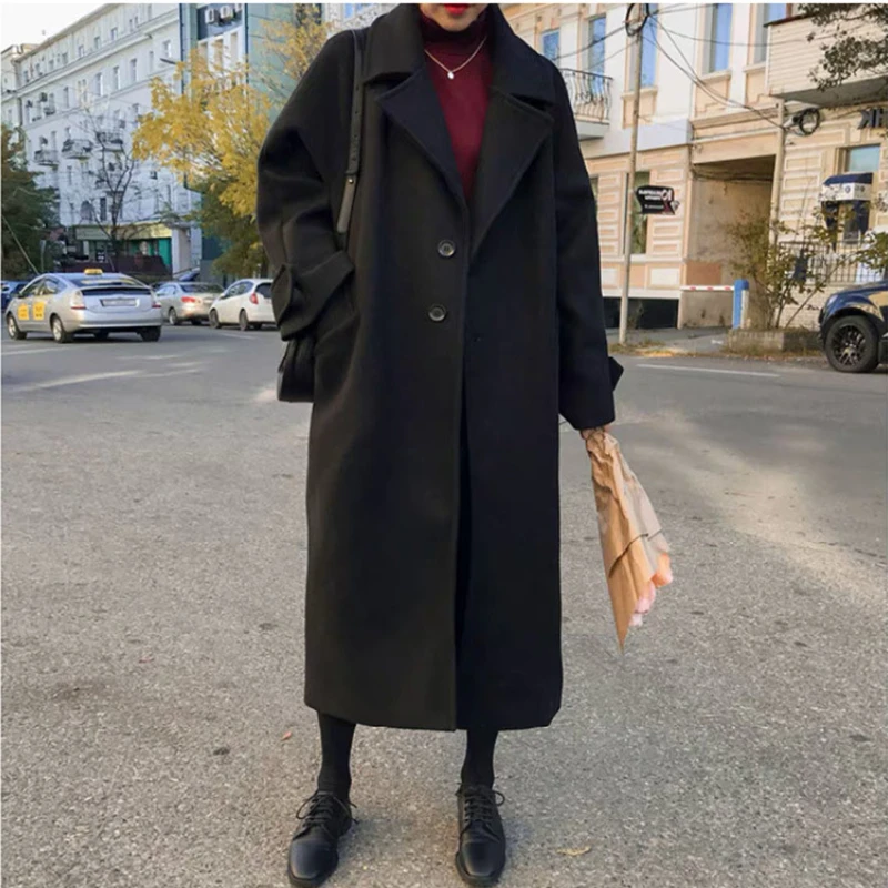 

Длинный тренчкот в Корейском стиле, осенне-зимнее черное шерстяное пальто, женское популярное новое шерстяное пальто, утепленная ветровка, 2023