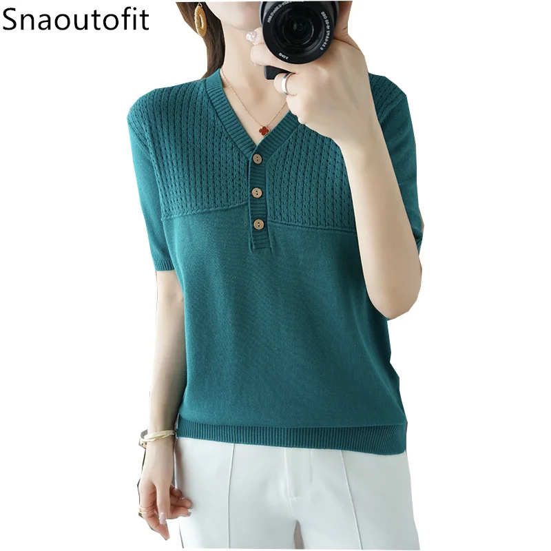 Cotton Knitted T-Shirt Basic Womens Short-Sleeved 2022 Spring and Summer New V-Neck Loose Bottoming Fashion Top Cotton Shirt