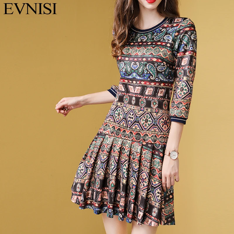 

EVNISI Autumn Women Pleated Printed Dresses Slim Ethnic Bohemian Style Holiday Dress O-neck Casual Beach Style Vestidos