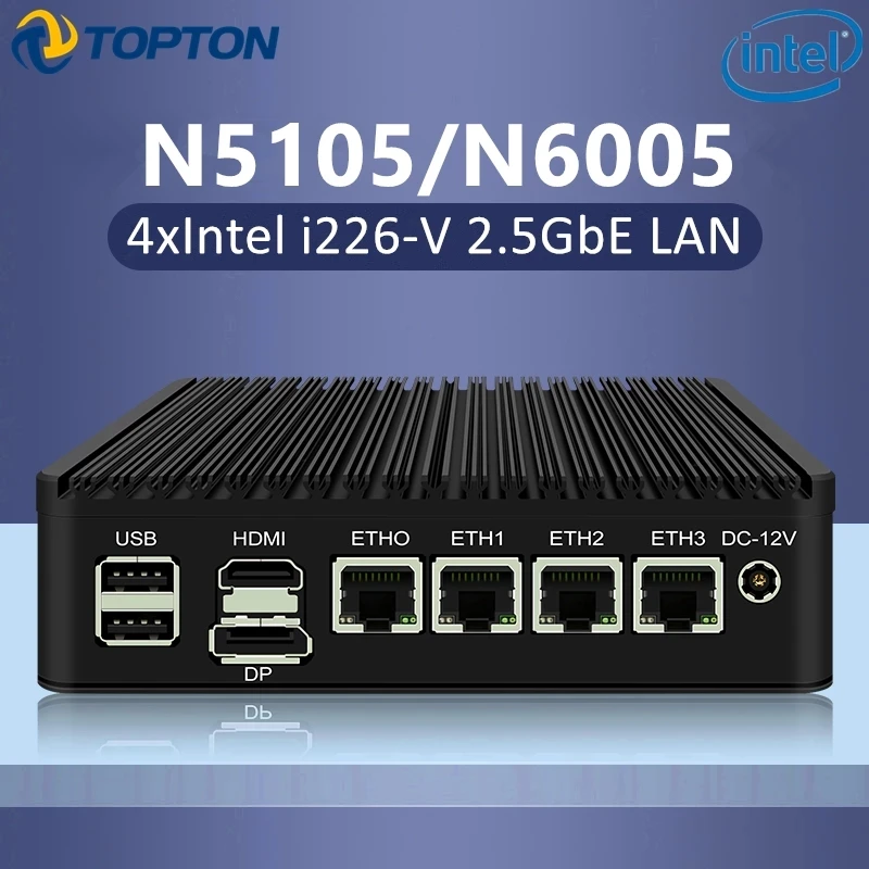 2022 Cheap 4 LAN 2.5G Router Celeron N5105 N6005 Intel i226-V TPM2.0 Fanless Mini PC HD-MI DP Type-C TF Slot Firewall Computer