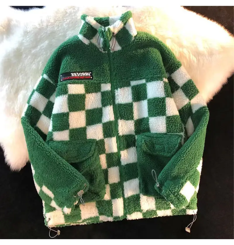 Шахматная бархатная куртка из ягненка Женская водолазка Осень-зима 2021 свободная