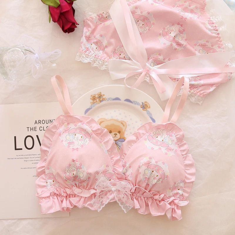 

Lolita Women's Cute Milk Ruffle Anime Print Bra Panties Lingerie Set Japanese Girl Bras Briefs Underwear Lovely Pink Bra Set