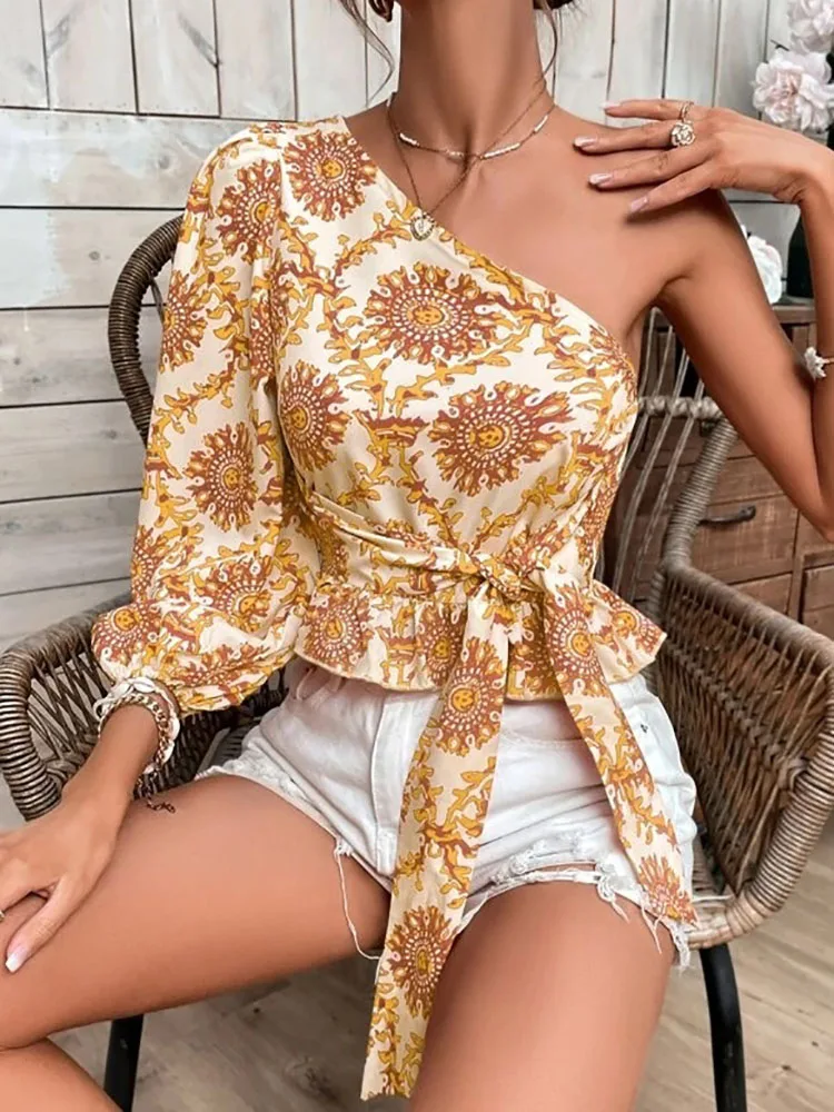 

Women Casual Skew Collar Patchwork Blouse 2022 Spring Summer Elegant Long Sleeve Lady Tops Sexy Hollow Out Slim Pullovers Blusas