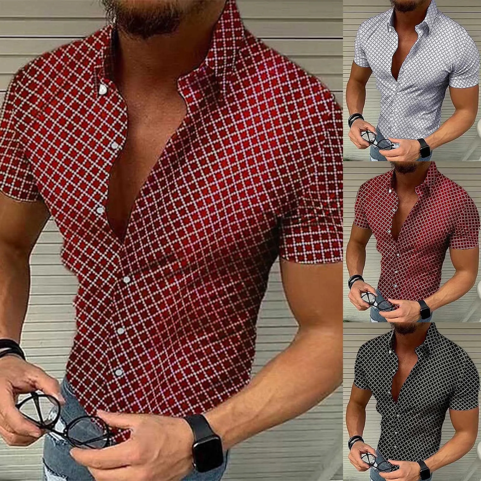 

Men Summer Plaid Print Casual Shirt Turn Down Collar Short Sleeve Shirt Retro Streetwear Flower Party