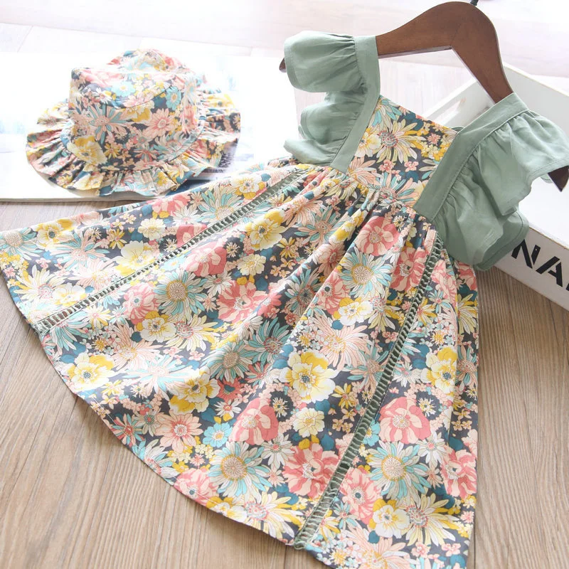 

Girls Summer Princess Dress Stitching Frill Floral Dress+Hat Lady Sweet Holiday Beach Dress Children Clothing Baby Kids Clothes