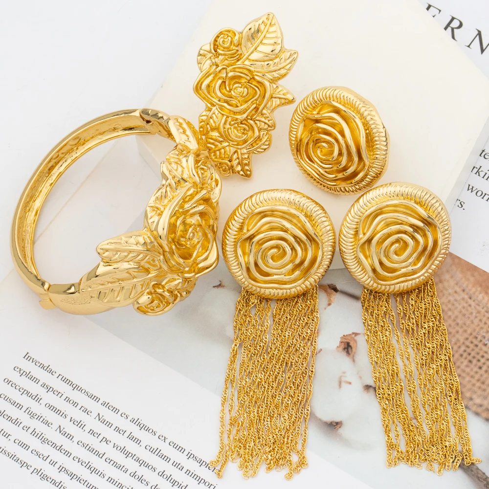 

Trend Golden Color Jewelry Set for Women Dubai African Tassel Earrings with Bangle Ring Bride Party Jewelry Set for Engagement