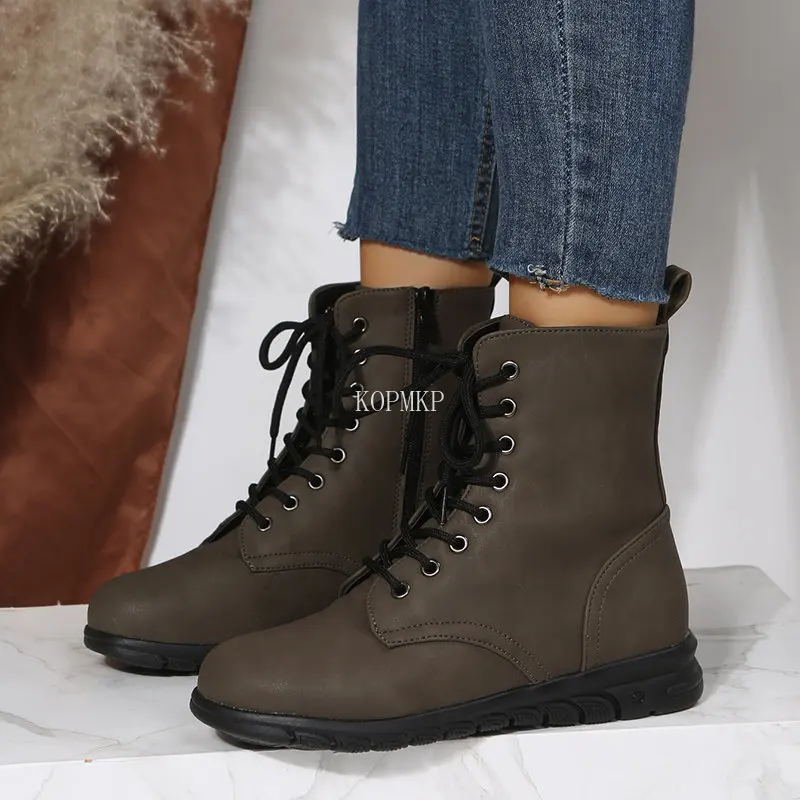 

2023 New Fashion Lace up Platform Women Boots Winter Boots Chunky Zipper Shoes Brand Women Warm Non-slip Motorcycle Boots 35-43