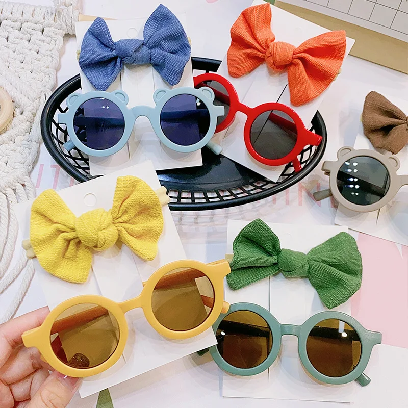 

2Pcs/Pack Vintage Kids Summer Bows Headband Round Sunglasses Children Sun Glasses Protection Glasses Baby Cute Hair Accessories