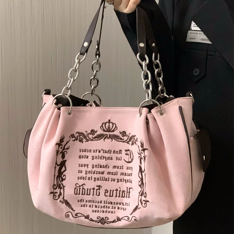 

Женская сумка-тоут в готическом стиле Y2K, винтажная вместительная розовая сумочка-тоут с вышивкой и надписью, дорожная сумка через плечо с цепочкой в стиле ретро