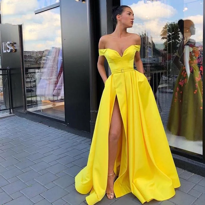

Новое официальное авангардное желтое атласное длинное платье для выпускного вечера женское вечернее платье с открытыми плечами и Боковым Разрезом для коктейвечерние