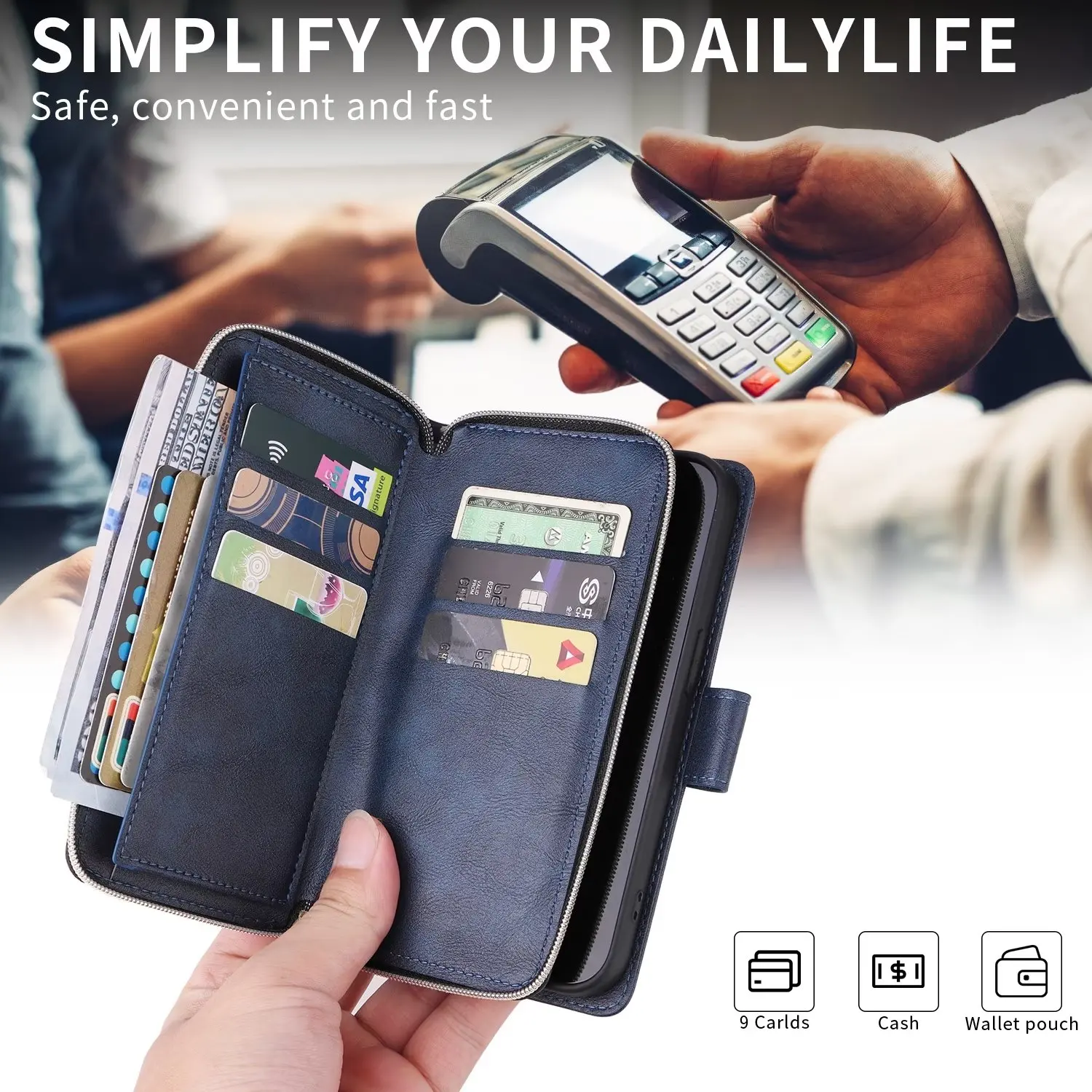 Противоударный чехол-бумажник с 9 отделениями для карт и молнией Iphone 14 plus 13 12 mini 11