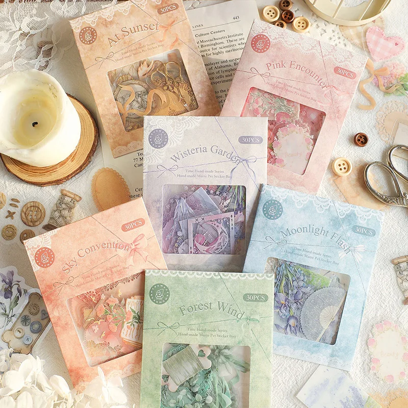 

30Sheets PET Stickers Bag Time hand Made Series Hand Made White Ink Hand Account decorative materials Stationery Stickers