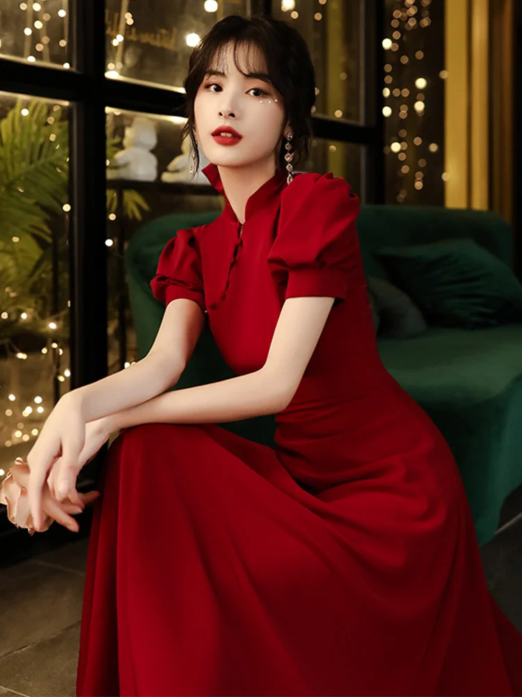 Gown Bride Qipao 2023 New Long Wine Red Dress Skirt Can Be Weared Normally to Appear Slender for Women