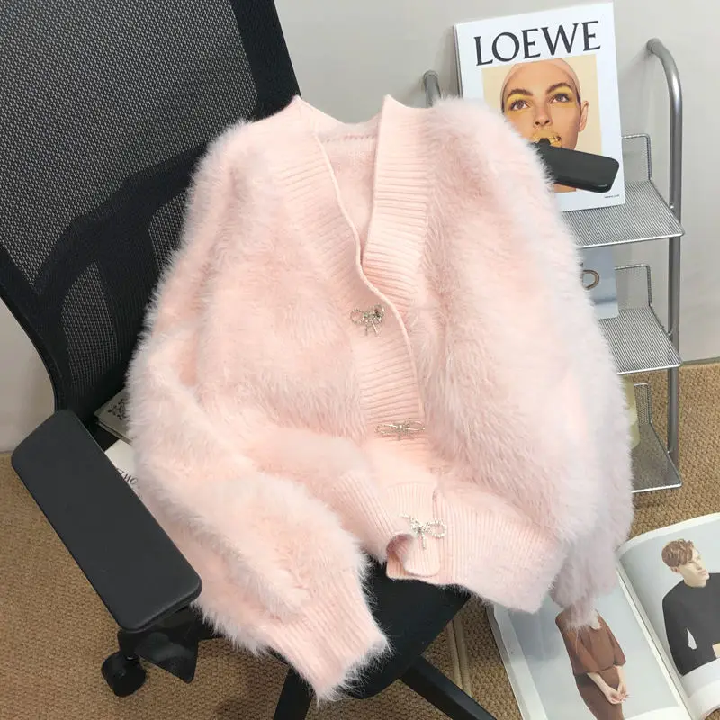 

Knitted cardigan sweater pink mink sweater coat women cardigan autumn thickened new loose V neck niche design cropped cardigan