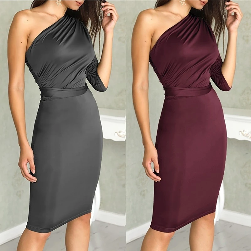 

Autumn Women Fashion Back Tie Bow High Waist Bodycon Dress One Off Shoulder Dress Solid Slim Sexy Club Party Dresses