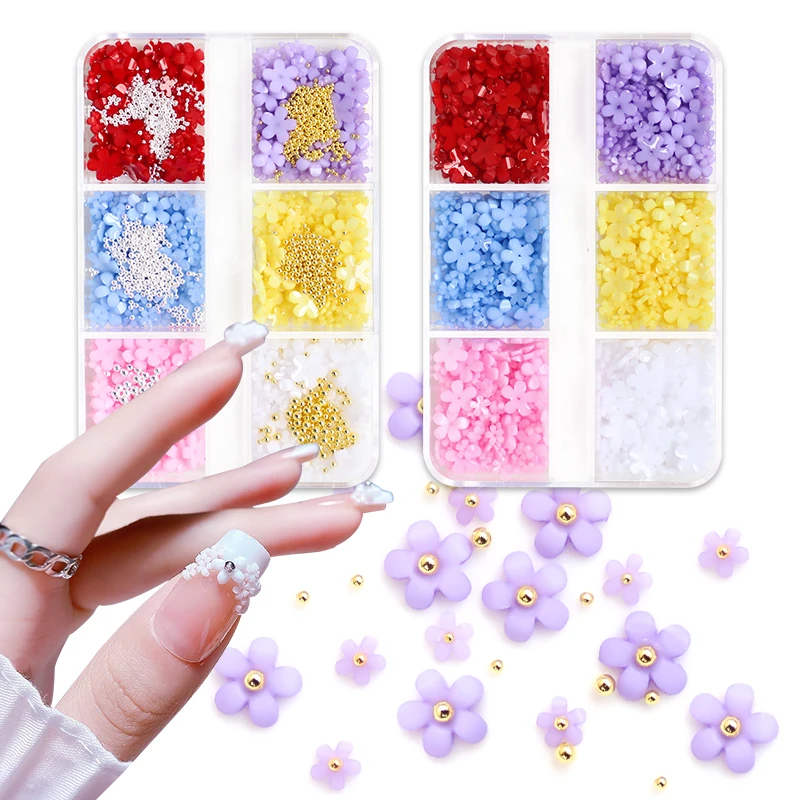 

6 Grids 3D Acrylic Flower Nail Art Decorations Mixed Size White Florets Charms Jewelry Gem Beads DIY Nails Design Accessories