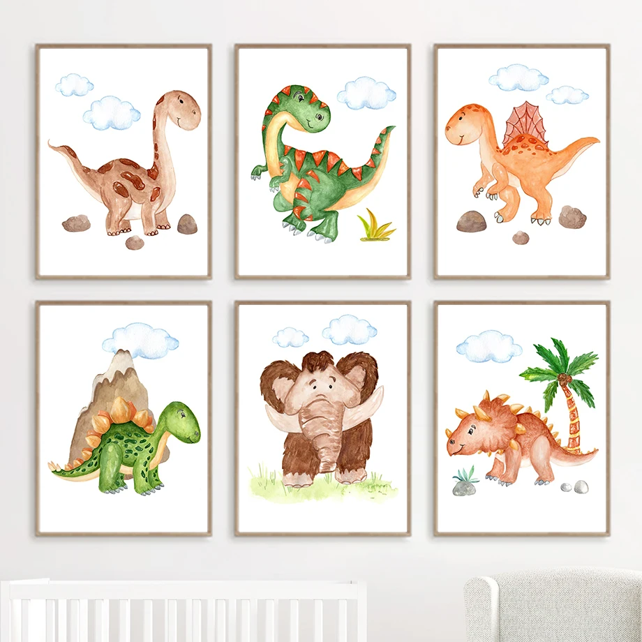 

Cute Dinosaur Elephant Cloud Coconut Tree Wall Art Canvas Painting Nordic Posters And Prints Wall Pictures For Kids Room Decor