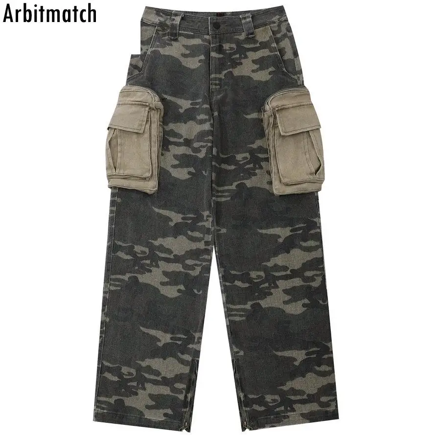 

Vintage Big Pocket Splicing Camouflage Overalls Men Cargo Pant Loose Harajuku Wide Leg Pant Fashion Streetwear Straight Trousers