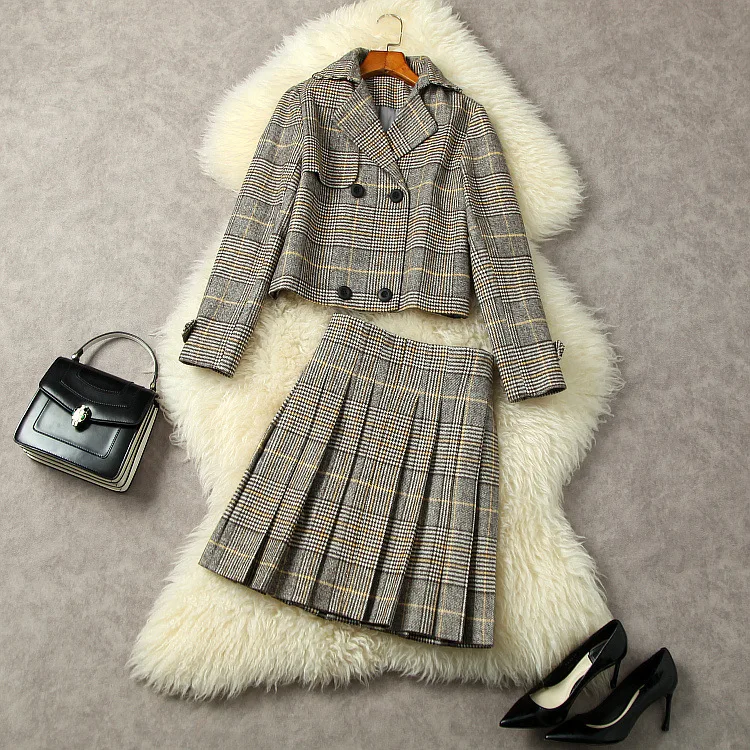 

New European and American women's wear for winter 2022 long-sleeved checked double-breasted coat Pleated skirt Fashion suit
