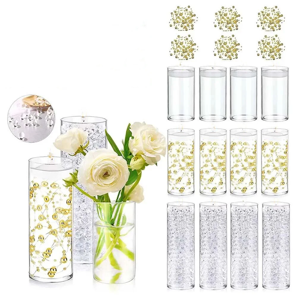

Clear Cylinder Glass Vases for Centerpieces with Floating Disc Candles Beads Pearl String for Wedding Party Home Decoration