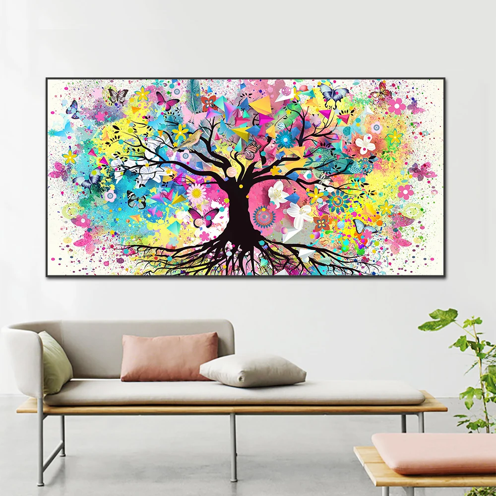 

Modern Abstract Watercolor Tree of Life Posters and Prints Wall Art Pic Butterfly Flower Canvas Painting for Living Room Decor