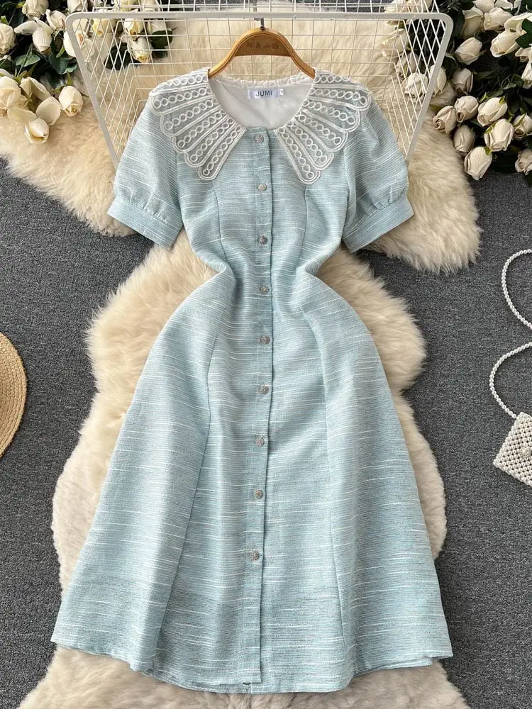 

Женское модельное платье средней длины AELEWELL, офисное платье в полоску с вышивкой, воротником «Питер Пэн» и пуговицами в виде груши, лето