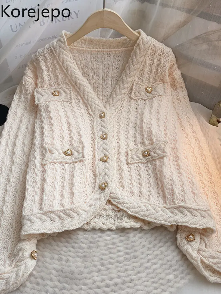 

Однобортный тонкий кардиган кореjepo Love, Женский Универсальный вязаный короткий топ абрикосового цвета на осень и зиму, новинка 2022, свободные...