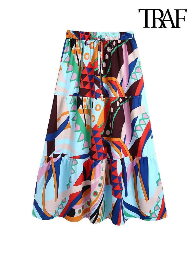 

TRAF Women Fashion Long Printed Panelled Skirt Vintage High Elastic Waist With Drawstrings Female Skirts Mujer