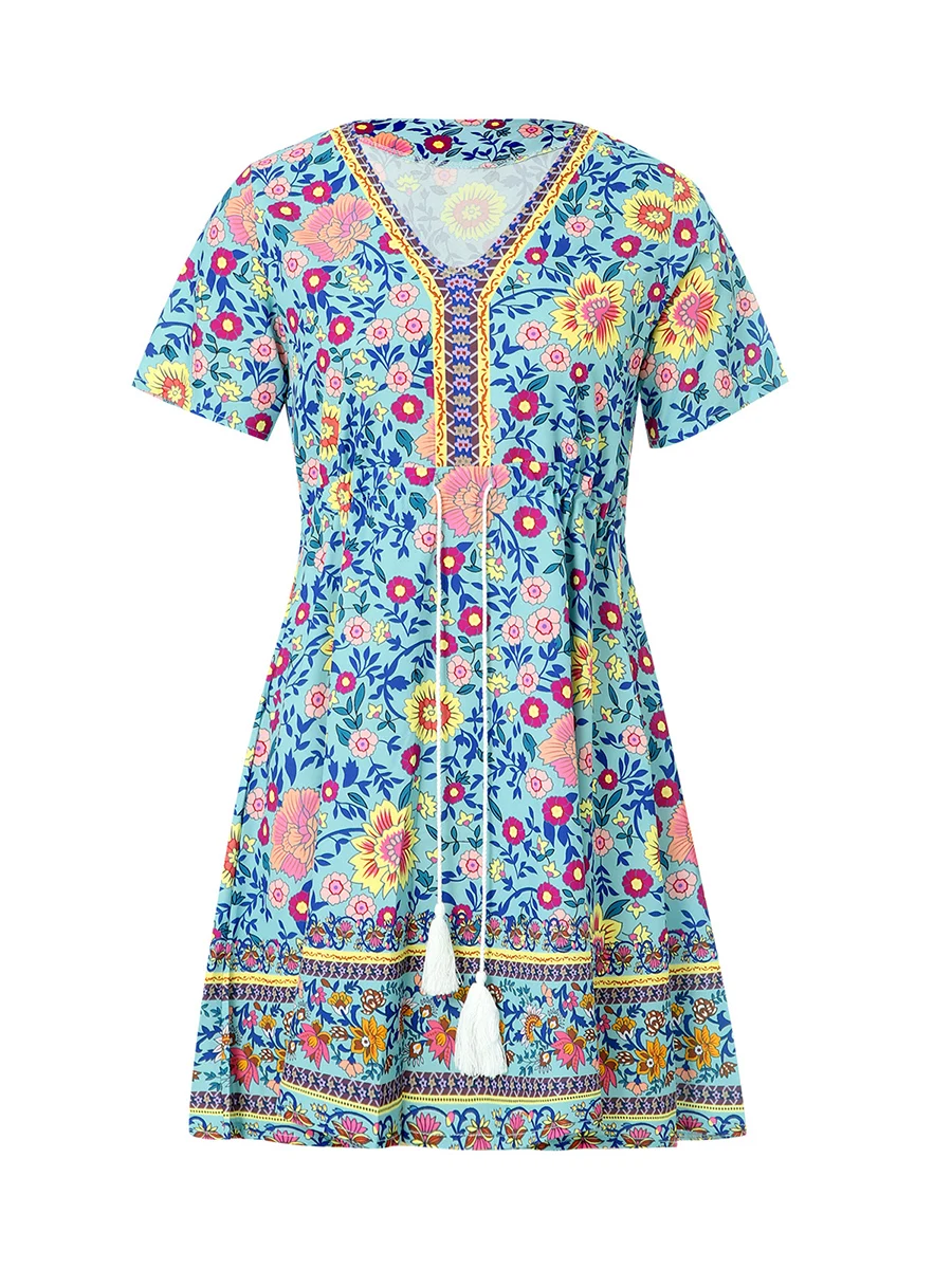 

Women Floral Dress Short Sleeve V Neck High Waist Drawstring Slimming Casual Party Party Short Midi
