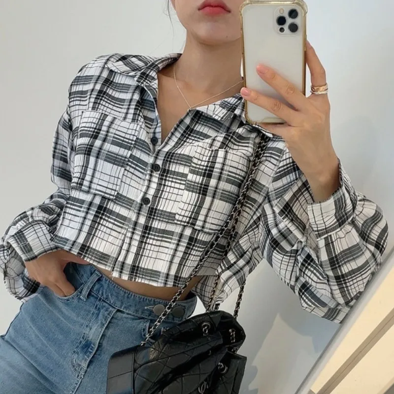 

Casual Plaid Shirt Women 2022 Autumn Turn Down Collar Long Sleeve Blusas Mujer De Moda Vintage Streetwear Korea Chic Short Tops